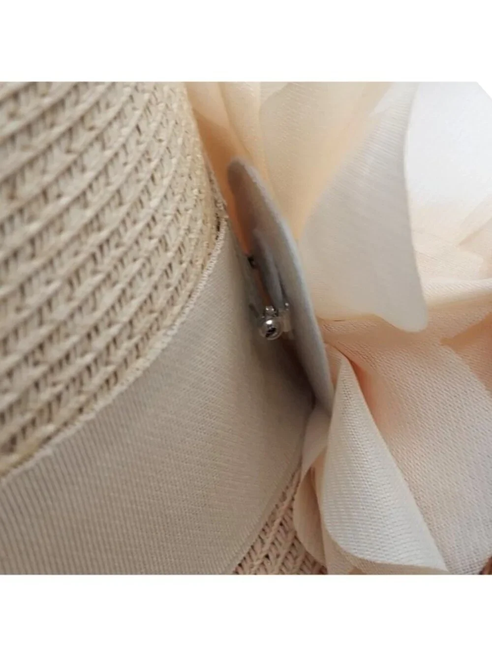 Womens Beige Straw Hat Wide Grosgrain Ribbon Band & Fabric Flower Summer Boho